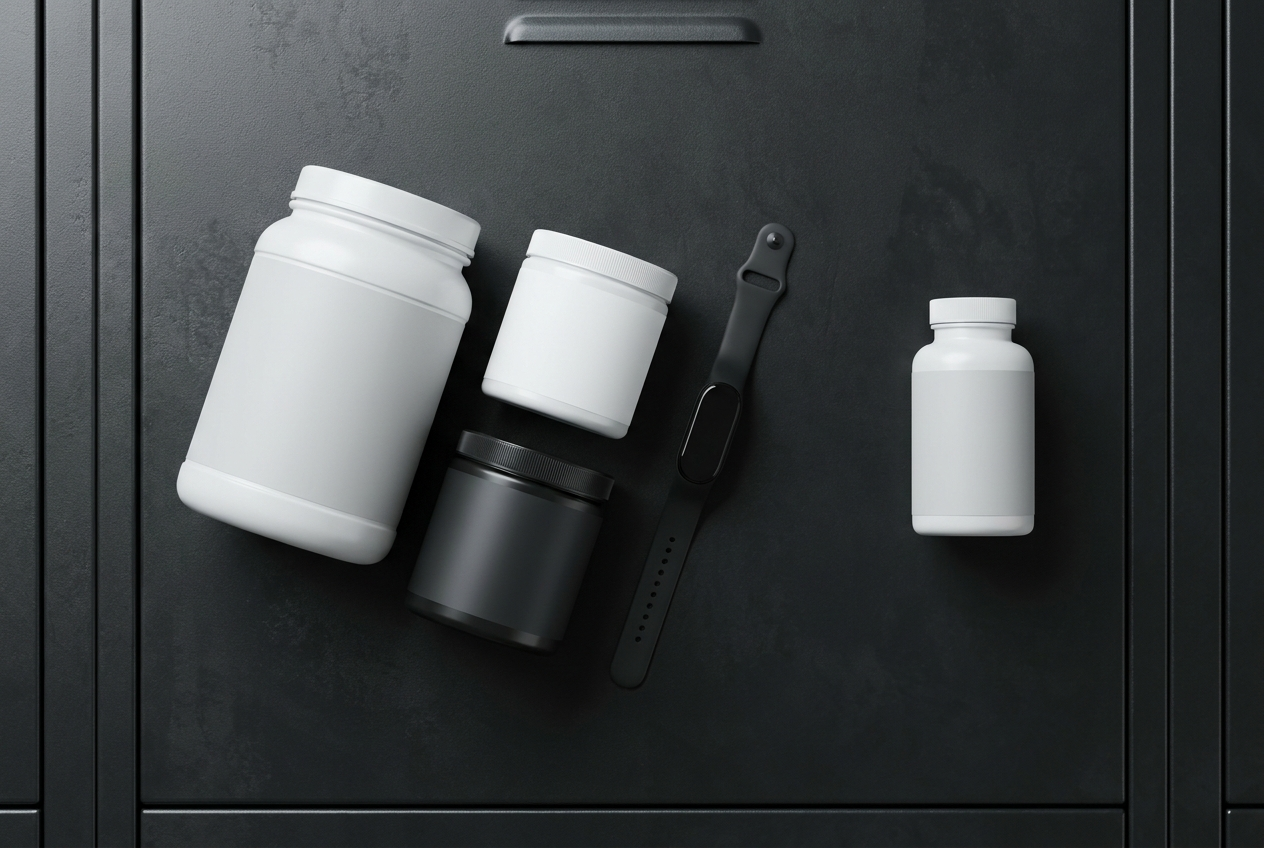 Supplement stack flat-lay with missing bottle